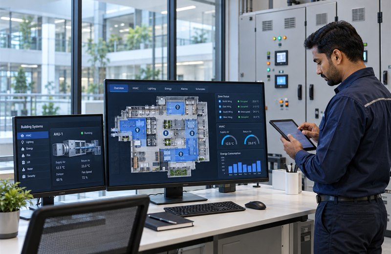 Building automation engineer using BMS dashboards to monitor HVAC, lighting and energy