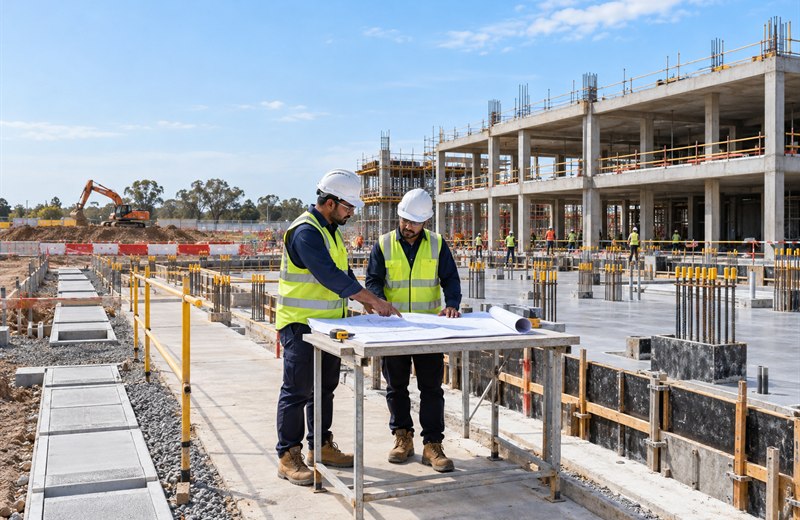 Civil engineers reviewing structural drawings at a commercial construction and foundation site