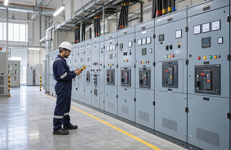 Electrical engineer inspecting industrial switchgear and power distribution panels