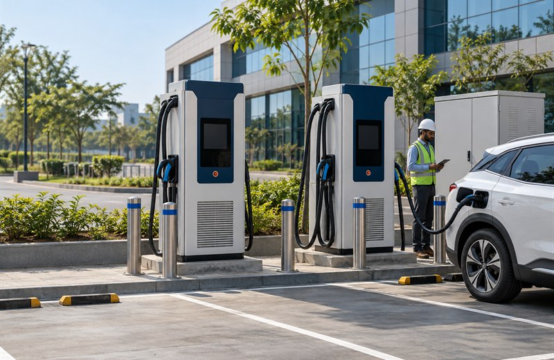 Commercial DC fast chargers with an electric vehicle connected in a marked charging bay