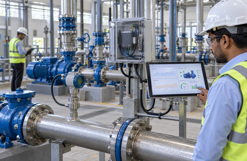 Industrial sensors and an IoT gateway monitoring pump equipment through a live dashboard