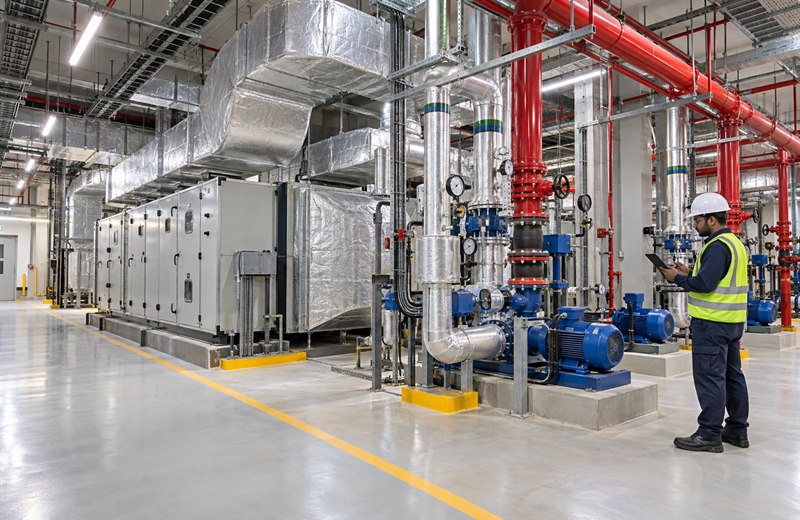 Engineer inspecting HVAC equipment, fire protection pipework and water pumps in a commercial MEP plant room