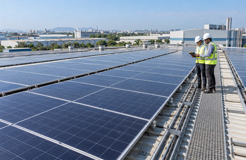 Engineers inspecting a commercial rooftop solar installation
