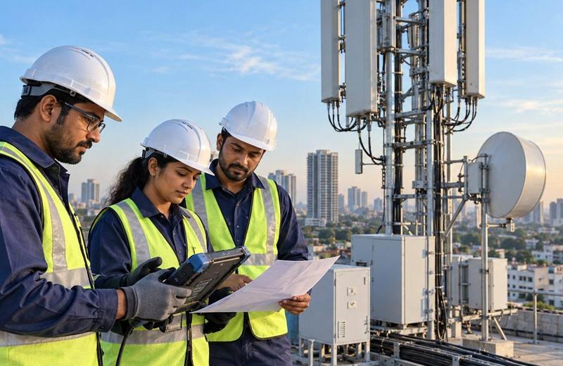 Engineers in safety vests reviewing plans beside a rooftop telecom tower